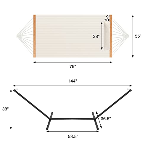 Homgava Two Person Hammock with Stand for Outside Heavy Duty, Outdoor Patio Hammock with Portable Steel Stand, Large Double Hammocks,480lbs Capacity.(Off White)
