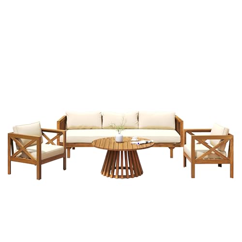 Merax Outdoor 4-Piece Acacia Wood Conversation Set - Patio 3-Seat Loveseat Sofa w/Coushion, 2 Armchair and Round Coffee Table for Backyard, Lawn, Balcony, Teak + Beige
