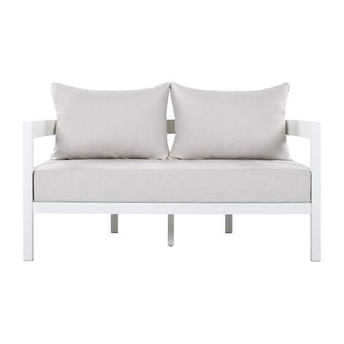 Christopher Knight Home Lula 7-Seater Patio Furniture Set with Coffee Table, 5 Piece Outdoor Conversation Set with Cushion, Aluminum Outdoor Sectional Sofa Set, White+Beige