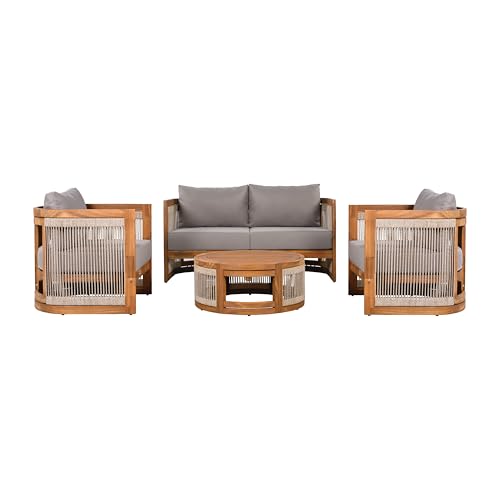 Christopher Knight Home Nesbit 4 Pieces Conversation Set, Acacia Wood Chat Set, Woven Rope Loveseat and Accent Chairs, Slat Panel Coffee Table, Patio Furniture Set for Backyard Balcony Garden, Gray