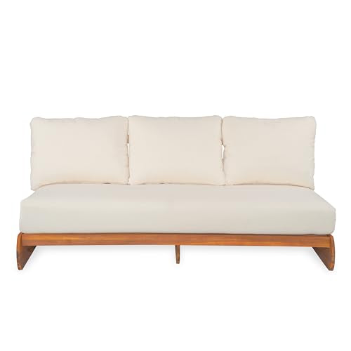 Merax Outdoor Acacia Wood Sofa with All-Weather Cushions, Patio Low 3-Seater Lounge Sofa for Porch, Lawn, Backyard, Balcony, Beige +Teak