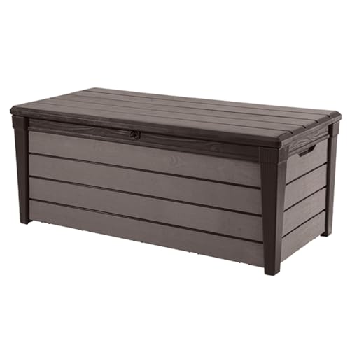 Keter Outdoor Storage Deck Box, for Patio, Backyard & Garden, Brushwood, 120 Gal, Brown - Lockable, Organizing, and Waterproof Plastic Container Bench