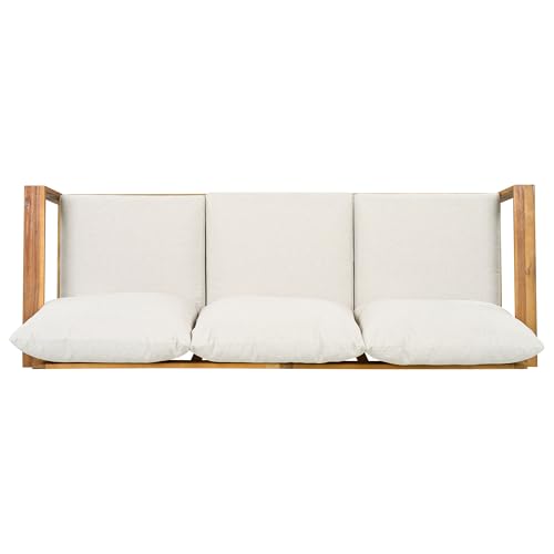 Christopher Knight Home Kayahs 3 Pieces Acacia Wood Furniture Set, Patio Conversation Sofa with Coffee Table and Ottoman, Outdoor 3-Seater Sofa Set for Backyard Balcony Gardern, Teak Finish+Beige