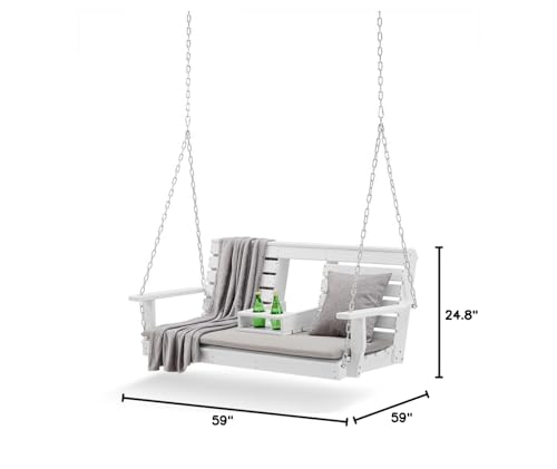 BENAIYA Heavy Duty Poly Lumber HDPE Porch Swing with Mounting Kit and Accessories Outdoor Hanging Chair with Cup Holders Swinging Bench for Patios, Backyard Poly Wooden Seating, Sturdy Steel Chains