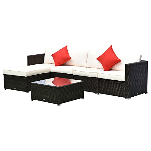 Outsunny 6 Piece Patio Furniture Set Outdoor Wicker Conversation Set All Weather PE Rattan Sectional Sofa Set with Ottoman, Cushions and Tempered Glass Table, Mixed Brown and Cream White