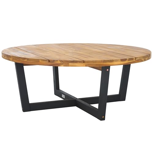 SAFAVIEH Outdoor Collection Leo Natural/Black 4-Leg Round Coffee Table, Ideal for Deck, Patio, Backyard, Sunroom