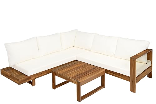 CKLMMC Acacia Wood 4pc Outdoor Sectional Sofa Set with Cushions and Slatted Design - Modern Patio, Deck & Garden Seating for Ultimate Comfort