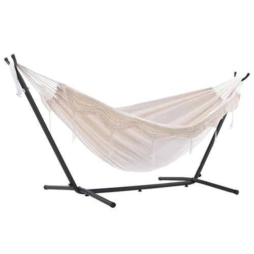 Vivere Double Cotton Hammock with Space Saving Steel Stand, Upgraded Polyester End Strings 450 lb Capacity - Premium Carry Bag Included - USA Grown Cotton (Natural)