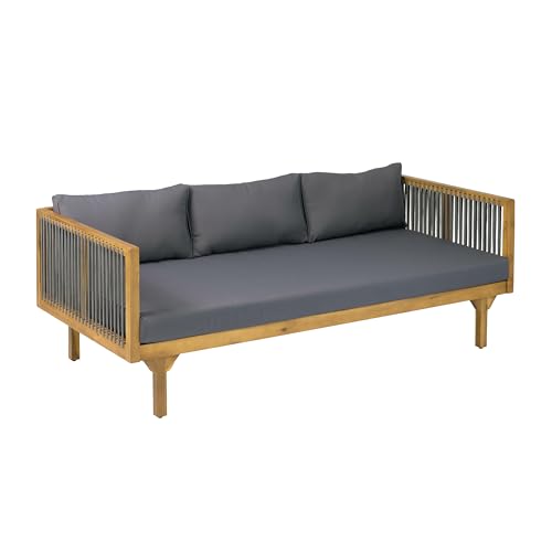 Merax Acacia Wood Outdoor Patio Loveseat Sofa w/Coushion and & Light Brown Rope, 3-Seater Sofa Daybed for Backyard, Lawn, Deck, Balcony, Water Repellent Fabric, 600 lbs Capacity,Teak + Gray