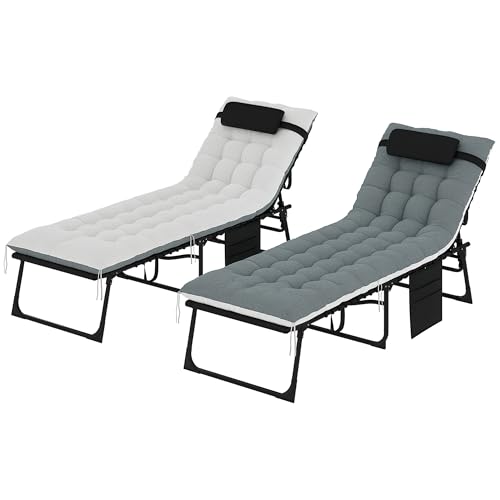 Outsunny Chaise Lounge Chair Outdoor Set of 2, 5-Position Adjustable Outdoor Pool Lounge Chairs, Folding Tanning Chair Beach Lounger with Cushion, Headrest, Side Pocket for Patio, Yard, Black/Gray