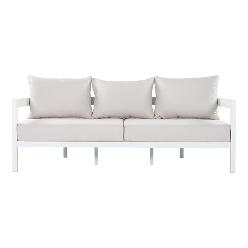 Christopher Knight Home Lula 7-Seater Patio Furniture Set with Coffee Table, 5 Piece Outdoor Conversation Set with Cushion, Aluminum Outdoor Sectional Sofa Set, White+Beige