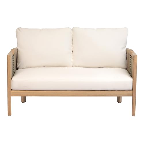 Christopher Knight Home 5-Piece Acacia Wood Patio Furniture Set with Coffee Table, 7 Seater Outdoor Conversation Sofa Set, Patio Sectional Chat Set for Backyard Balcony, Teak+ Beige