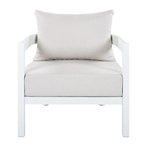 Christopher Knight Home Lula 7-Seater Patio Furniture Set with Coffee Table, 5 Piece Outdoor Conversation Set with Cushion, Aluminum Outdoor Sectional Sofa Set, White+Beige
