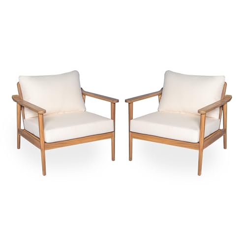 Christopher Knight Home Batis Acacia Wood Lounge Chair Outdoor Set of 2, Wooden Patio Accent Chair Set, Comfy Reading Seat with Removable Cushion, Patio Furniture Set, Teak+Beige