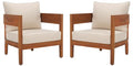 SAFAVIEH Outdoor - Theo Armchair Set of 2 - Natural & Taupe - Solid Wood with Cushion - Mid-Century Slatted Frame Design - Ideal for Patio, Deck, Porch, Backyard, 15" Seat Height (PAT7087A-SET2)