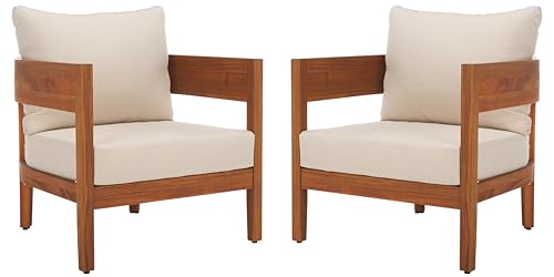 SAFAVIEH Outdoor - Theo Armchair Set of 2 - Natural & Taupe - Solid Wood with Cushion - Mid-Century Slatted Frame Design - Ideal for Patio, Deck, Porch, Backyard, 15" Seat Height (PAT7087A-SET2)