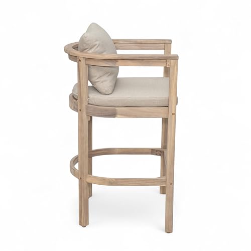 Christopher Knight Home Kuart Acacia Wood Outdoor Bar Stool Set of 4 with Cushion, Patio Armchair Set for Bar Table, Wooden Patio Counter Height Bar Stool with Footrest, Natural Washed+Beige
