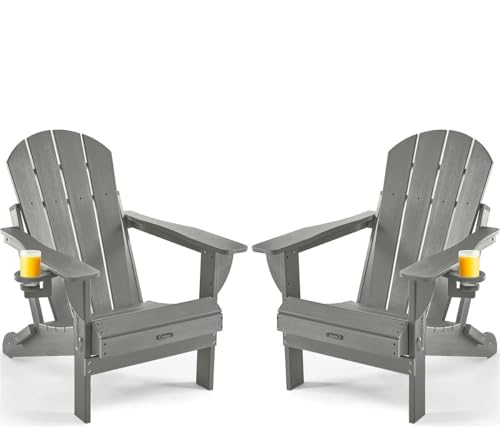 Ciokea Folding Adirondack Chair 2 Pack, Patio Adirondack Chair Weather Resistant, Plastic Fire Pit Chair with Cup Holder, Lawn Chair for Outdoor Porch Garden Backyard Deck (Grey)