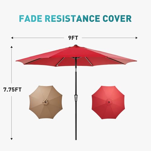 OLIXIS 9ft Patio Umbrella with Tilt and Crank Button & 8 Sturdy Ribs Waterproof, 9 feet Patio Table Umbrella Perfect for Poolside, Terrace, Beach and Outdoor Restaurant, Red
