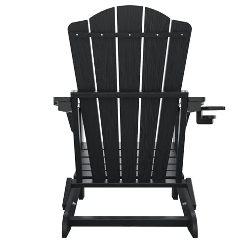 THOEOE Folding Adirondack Chair Set of 2,HDPE All-Weather Outdoor Chair with Cup Holder,Wooden Textured,Fire Pit Chair,Plastic Patio Chair for Deck,Backyard,Garden,Lawn, Black