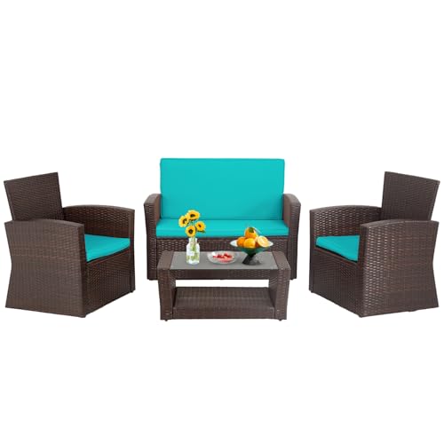 FDW 4 Piece Patio Furniture Sets, Wicker Conversation Set 4 All-Weather Outdoor Sectional Patio Sofa for Porch Deck with Blue Cushion Brown Rattan Sofa Chair
