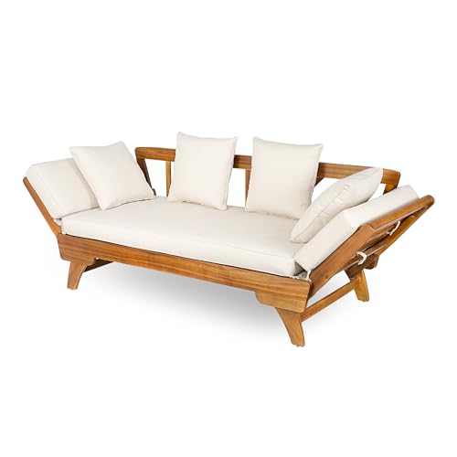 Christopher Knight Home Gary Patio Convertible Couch, Wooden Outdoor Daybed, 3-Seater Acacia Wood Patio Furniture Lounge Sofa for Backyard/Poolside/Garden, Back Pillow+Removable Cushion, Teak+ Beige