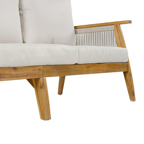 Christopher Knight Home Outdoor 3 Seater Patio Sofa with Acacia Wood Frame and Rope Weave Design, Cushioned Garden Couch with Removable Covers for Patio Deck Balcony, Teak and Beige