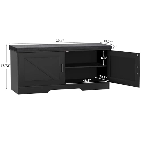 HOMSHO 2-Tier Storage Bench, 39.4" Wide Shoe Bench with Padded Seat Cushion, Entryway Bench with 2 Barn Doors and Adjustable Shelf, Black