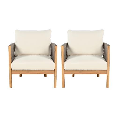 Christopher Knight Home Havets 5 Pieces Outdoor Acacia Furniture Set, Woven Rope Loveseat and Accent Club Chairs, 6" Thick Cushions Sofa and Coffee Table Set for Backyard Garden Balcony, Gray+Beige