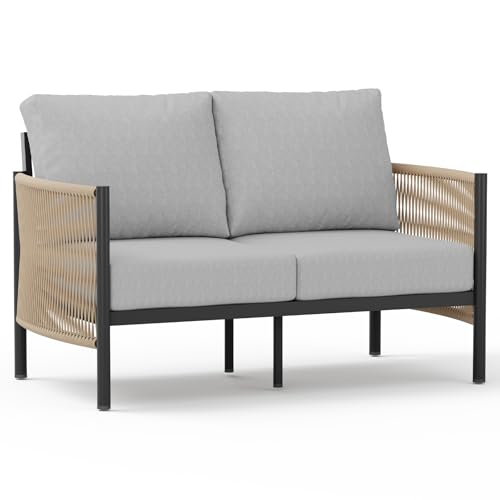 Oasbira Aluminum Outdoor Patio Couch Loveseat, HDPE Rope Patio Sofa with Washable Thick Cushion, All-Weather Patio Furniture for Balcony, Yard, Gray Frame, Gray