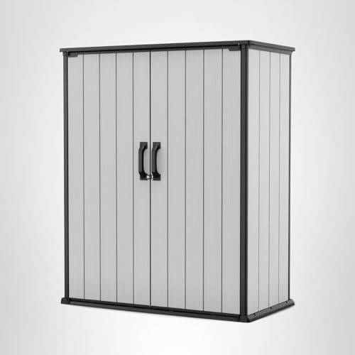 Keter Premier Tall 4.6x5.6 ft Resin Outdoor Storage Shed, Backyard Garden Shed with Shelving Brackets for Tools, Patio Furniture, Pool & Bike Storage, Grey & Black, 62 cu. ft Capacity