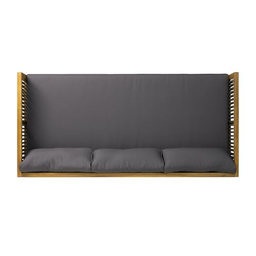 Merax Acacia Wood Outdoor Patio Loveseat Sofa w/Coushion and & Light Brown Rope, 3-Seater Sofa Daybed for Backyard, Lawn, Deck, Balcony, Water Repellent Fabric, 600 lbs Capacity,Teak + Gray