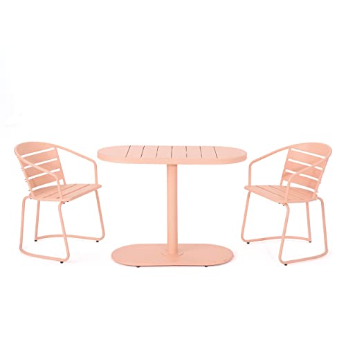 Christopher Knight Home Adley Outdoor Bistro Set, 3-Piece Bistro Table and Chair Set of 2, Patio Furniture Set with Iron Frame, Bistro Dining for Poolside Garden Cafeteria, Matte Coral