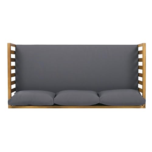 Christopher Knight Home Claremont Outdoor 3 Seater Acacia Wood Daybed with Fabric Water Resistant and Removable Cushions, Patio Garden Sofa with Slat Paneling Armrest and Back, Teak and Dark Grey