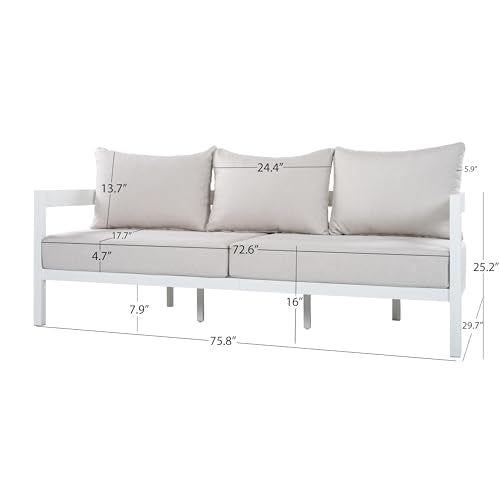 Christopher Knight Home Lula 7-Seater Patio Furniture Set with Coffee Table, 5 Piece Outdoor Conversation Set with Cushion, Aluminum Outdoor Sectional Sofa Set, White+Beige
