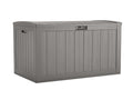 Suncast 134-Gal. Resin Extra-Large Outdoor Patio Deck Box with Pad-Lockable Lid, Modern Outdoor Patio Bench/Storage Box for Cushions, Garden Tools, and More, Dove Gray