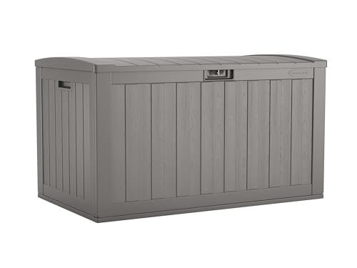 Suncast 134-Gal. Resin Extra-Large Outdoor Patio Deck Box with Pad-Lockable Lid, Modern Outdoor Patio Bench/Storage Box for Cushions, Garden Tools, and More, Dove Gray