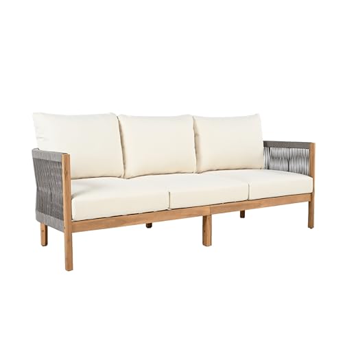 Christopher Knight Home Havets 77"W Outdoor 3 Seater Sofa, 6" Thick Cushion Couch, Acacia Wood Bench Sofa, Comfy Woven Rope Armchair, Spacious Seating Bench Couch for Backyard Garden Porch, Gray+Beige