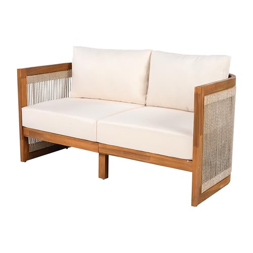 Christopher Knight Home Nesbit 8-Seater Patio Furniture Set with Removable Cushion, 8 Piece Outdoor Acacia Wood Conversation Set, Wooden Outdoor Sectional Sofa Set with Coffee Table, Beige