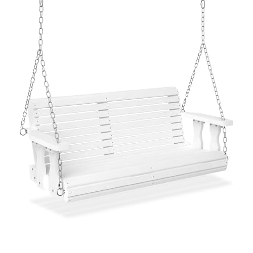 VINGLI Upgraded Patio Wooden Porch Swing for Courtyard & Garden, Heavy Duty 880 LBS Swing Chair Bench with Hanging Chains for Outdoors (White, 4 FT)