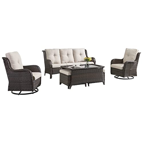 HUMMUH Patio Furniture 6 Pieces Outdoor Furniture Set Wicker Outdoor Sectional Sofa with Swivel Rocking Chairs,Patio Ottomans,Outdoor Coffee Table