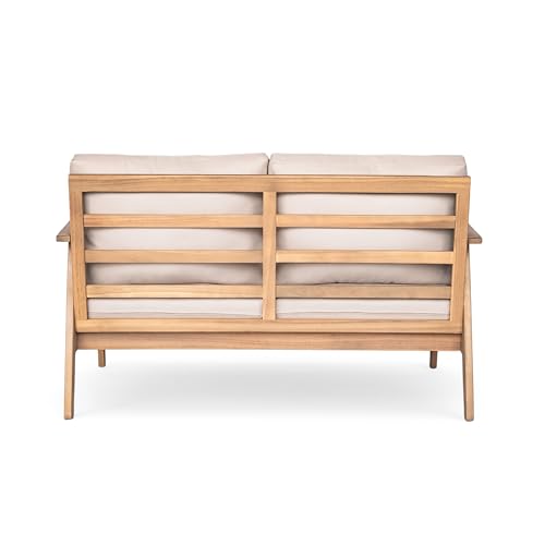Christopher Knight Home Lorna 4-Seater Patio Furniture Set with Removable Cushion, 4 Piece Outdoor Acacia Wood Conversation Set, Sold Wood Outdoor Sectional Sofa Set with Coffee Table, Teak+Beige