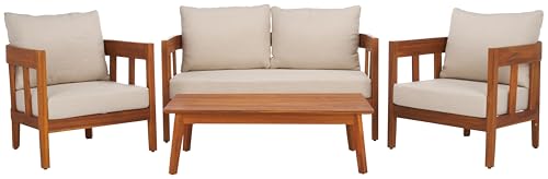 SAFAVIEH Outdoor Patio Furniture - Owen 4-Piece Set - Sand & Taupe - Acacia Wood - Conversation Set with Detachable Cushion Covers - Ideal for Patio, Deck, Porch, Backyard (PAT9510A-KIT2)