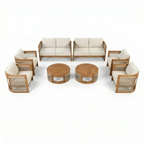 Christopher Knight Home Nesbit 8-Seater Patio Furniture Set with Removable Cushion, 8 Piece Outdoor Acacia Wood Conversation Set, Wooden Outdoor Sectional Sofa Set with Coffee Table, Beige
