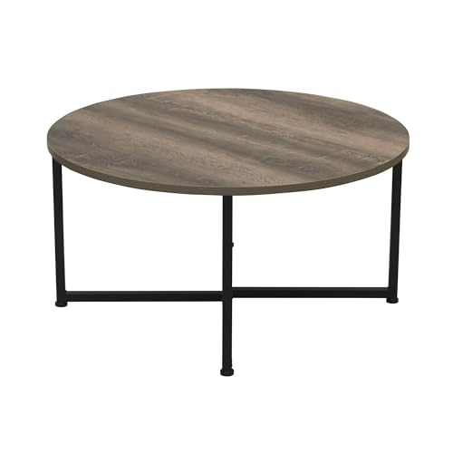 Household Essentials Jamestown Round Coffee Table Ashwood Rustic Wood Grain and Black Metal 31.5 x 31.5, Taupe