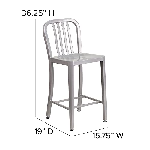 Flash Furniture Gael Commercial Grade 2 Pack 24" High Silver Metal Indoor-Outdoor Counter Height Stool with Vertical Slat Back