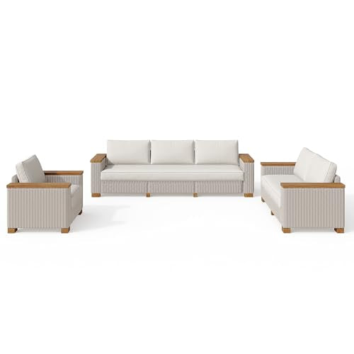 PaPaJet 6-Piece Wicker Patio Furniture Set with Solid Wood Armrest, Outdoor Patio Set with Thick Legs, UV-Resistant Modular Outdoor Sectional Sofa for Backyard, Porch, Garden