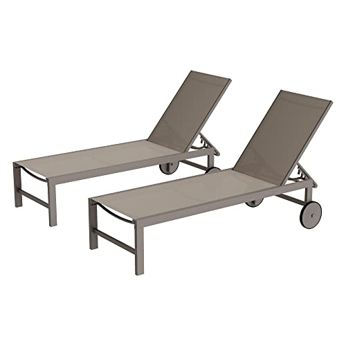 Shintenchi 2 PCS Outdoor Chaise Lounges Chair with Wheels Aluminum Reclining Patio Lounge Chairs with 5 Adjustable Position Recliner for Patio, Beach, Yard, Pool Patio Furniture Set,Khaki