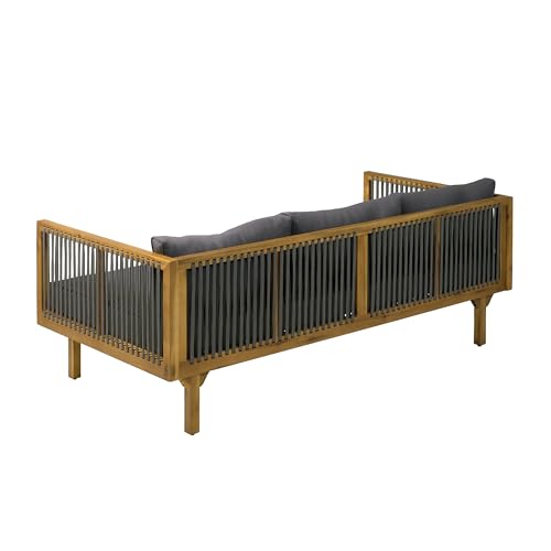 Merax Acacia Wood Outdoor Patio Loveseat Sofa w/Coushion and & Light Brown Rope, 3-Seater Sofa Daybed for Backyard, Lawn, Deck, Balcony, Water Repellent Fabric, 600 lbs Capacity,Teak + Gray