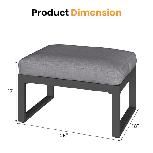 RoyalCraft 2 Pieces Aluminum Outdoor Patio Ottoman Set, Outdoor Foot Stools with Thick Cushion, Small Seat Furniture for Porch Balcony Backyard, Grey